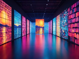 Fototapete - Vibrant Room with Multiple Colorful Screens Illuminating the Walls Creating a Modern and Engaging Atmosphere for Creative Collaboration and Inspiration