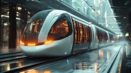 Fototapete - a sleek subway train approaches a modern transit station, illuminated by vibrant lights while commut