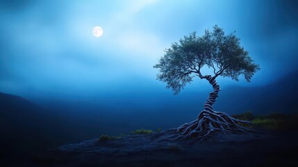 Poster - Majestic Tree Silhouetted Against a Bright Moon in a Starry Night Sky Creating a Tranquil and Enchanting Atmosphere in a Natural Landscape