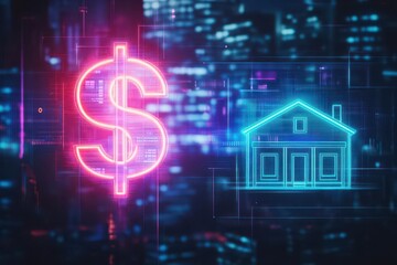 Poster - A Modern House Surrounded by Digital Elements and a Large Dollar Sign Symbolizing Wealth and Investment in a Vibrant Technological Landscape