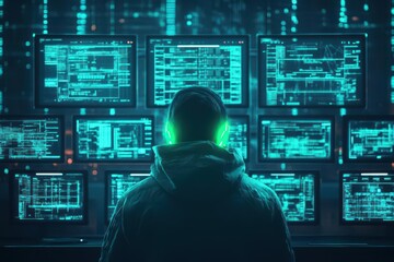 Poster - Mysterious Man Surrounded by Flickering Monitors in a Dimly Lit Room Creating an Intriguing Atmosphere of Technology and Isolation at Night