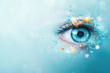 Poster - Closeup of a Human Eye with a Splash of Water Creating a Dynamic and Refreshing Visual Effect Capturing the Essence of Clarity and Emotion
