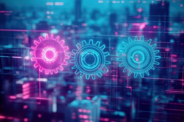 Poster - Futuristic Cityscape Featuring Intricate Gears Illuminated by a Radiant Blue Glow Creating a Vision of Advanced Technology and Innovation at Night