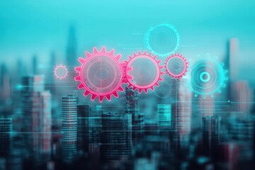 Poster - Futuristic Cityscape with Intricate Gears and Mechanisms Integrating Nature and Technology in a Harmonious Urban Environment at Dusk