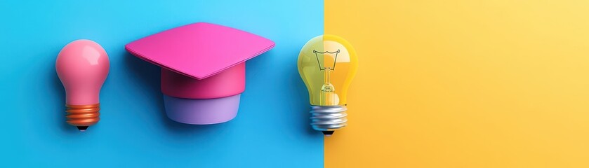 Poster - Bright Light Bulb Illuminating Creativity with a Colorful Pencil on a Vivid Blue and Yellow Background Evoking Inspiration and Artistic Expression