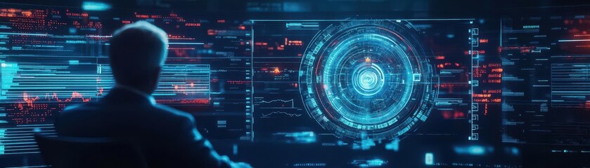 Fototapete - Businessman in Formal Suit Engaging with Advanced Futuristic Technology Interface in Modern Office Environment Exuding Innovation and Professionalism