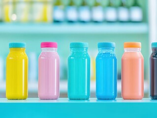 Poster - Vibrant Display of Colorful Plastic Bottles Arranged in a Row Showcasing a Spectrum of Hues against a Neutral Background Evoking Playfulness and Creativity