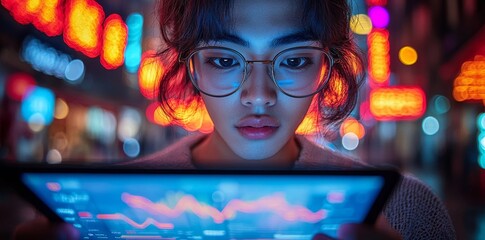 Poster - A young male marketer analyzes trends using a tablet, positioned in front of a digital marketing workspace backdrop