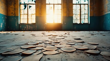 Poster - A Dimly Lit Room with Shattered Scattered with Glittering Coins Evoking a Sense of Mystery Abandonment and Forgotten Wealth and History