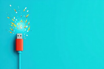 Poster - Vibrant U S B Connector with Striking Red Cable Set Against a Bright Blue Background Creating a Bold and Eye-Catching Visual Contrast in Technology