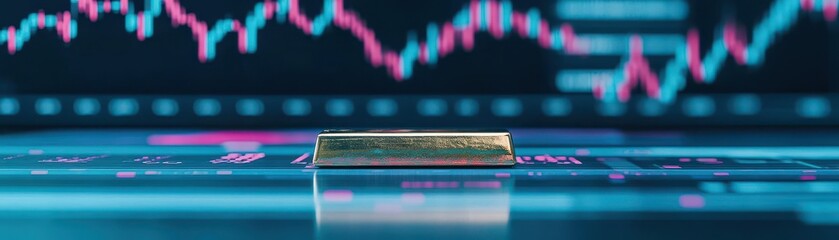 Poster - Golden Bar Resting on Table Surrounded by Stock Market Charts Evoking Wealth Prosperity and Investment Strategies in a Financial Environment