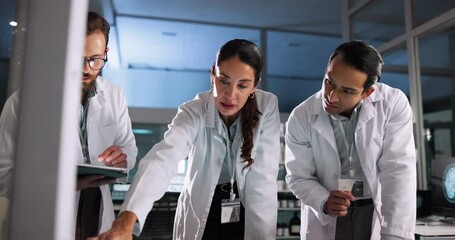 Aufkleber - Scientist, meeting and teamwork with technology in lab for pharmaceutical review, medical research or tablet. Night, people and interactive display for studying science, collaboration and results