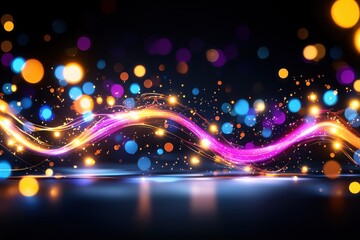 Fototapete - Abstract Pink and Orange Light Wave with Bokeh Lights on Dark Background