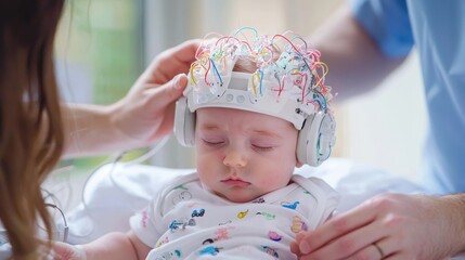Poster - EEG test for a baby with supportive medical staff. 