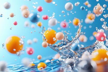 Fototapete - Colorful Spheres Splashing in Blue Water
