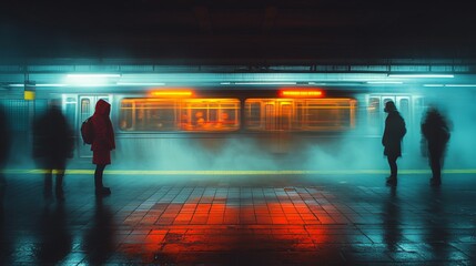 Aufkleber - People stand on the platform in a subway station, waiting for the train to arrive. The atmosphere is illuminated by bright train lights and enveloped in mist, creating a dynamic urban setting.