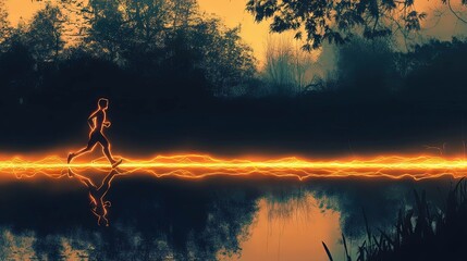 Wall Mural - neon runner silhouette running sport fitness lake nature reflection