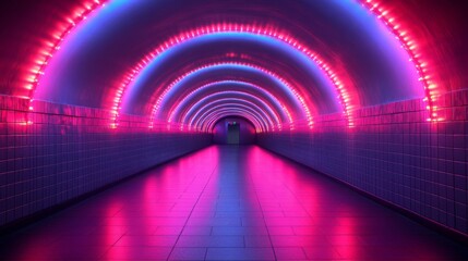 Aufkleber - Vibrant tunnel in an urban subway system features glowing neon lights in pink and blue, highlighting the modern architecture and enhancing the commuter experience in metropolitan transit areas.