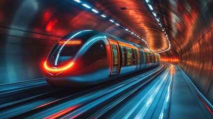 Aufkleber - A futuristic subway train moves swiftly through a brightly lit urban tunnel, emphasizing innovation and efficiency in public transit during the day.