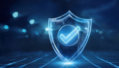 Poster - a security shield featuring a verification tick symbol encased within a high-tech design