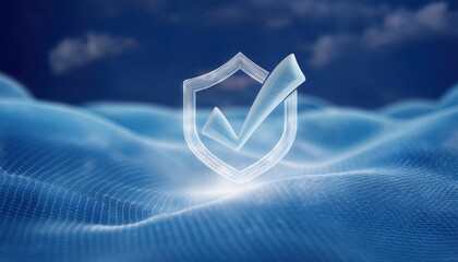 Poster - Hyper-detailed checkmark floating seamlessly in a cloud-based virtual ecosystem on blue background