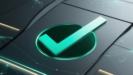 Poster - Luminous green tick symbol on a black background embedded in futuristic interface with animation