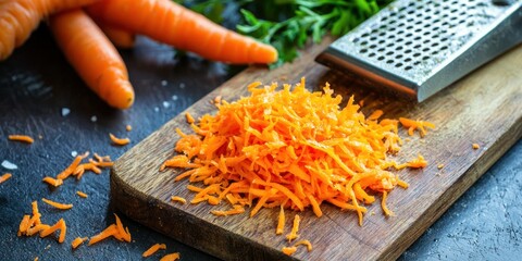 Poster - freshly grated carrot on a chopping board 