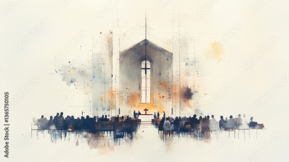 Watercolor illustration of a congregation gathered in worship before a ...