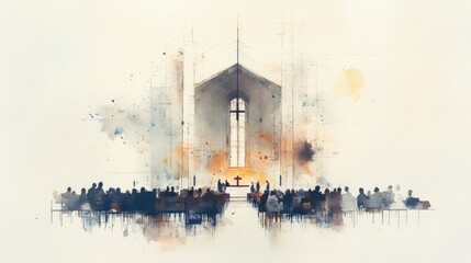 Fototapete - Watercolor illustration of a congregation gathered in worship before a glowing altar, symbolizing unity and faith.


