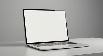 Poster - A sleek silver laptop rests on a minimalist white desk, ready for the next big idea, promising efficiency and clean design in a quiet workspace.