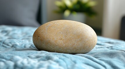 Poster - Smooth, light brown river stone rests on soft blue fabric.