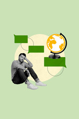 Poster - Pop image collage of young man sit over green color background with speecb bubble earth