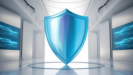 Poster - Semi-transparent shield hologram emerging from futuristic cybersecurity hub symbolizing protection
