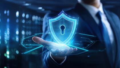 Poster - Professional man in suit holding semi-transparent shield hologram symbolizing advanced protection