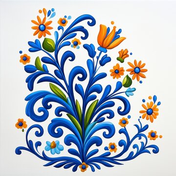 Detailed Pixel Art of Blue and Orange Floral Design on Textured White Background