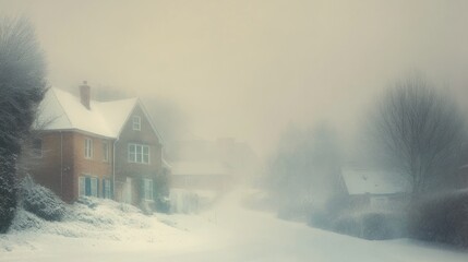 Aufkleber - snow-covered houses in a foggy village lane.