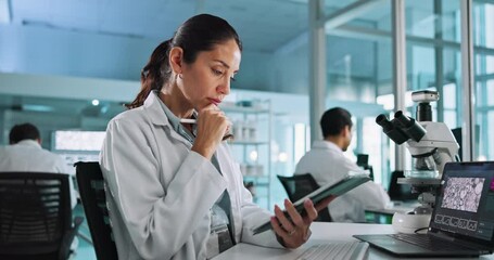 Poster - Tablet, thinking and woman with research for science, pharma insight or virus analysis. Pen, technology and scientist in laboratory with medical data, development and problem solving for healthcare