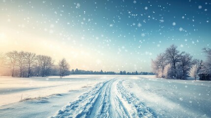 Aufkleber - snowy landscape with a road winding through a winter wonderland.