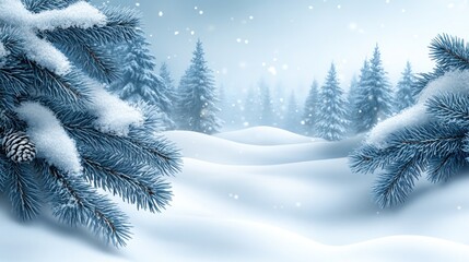 Poster - Snowy winter landscape with snow-covered pine branches in the foreground and a forest in the background.