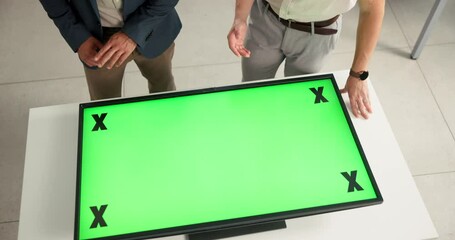 Aufkleber - Hands, business people and green screen with interactive display, planning or discussion with tracking markers. Person, partnership and user experience with mockup space for review at creative agency