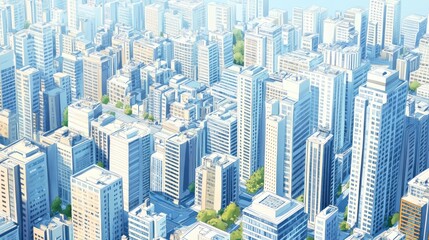  Aerial view of a modern city with numerous high-rise buildings and green spaces.