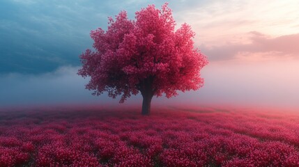 Aufkleber - Solitary pink tree in a misty field at sunrise.
