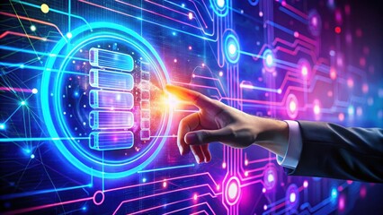 Poster - Hand pushing a button on a touch screen interface with futuristic digital design and space-themed background