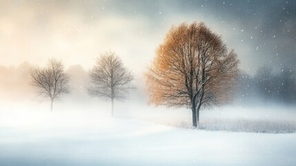 Poster - Solitary tree with orange leaves in snowy field, foggy winter sunrise.
