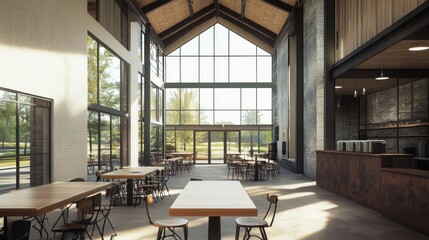 Poster - Spacious industrial-style cafe interior with large windows, high ceilings, wooden beams, and modern furniture.