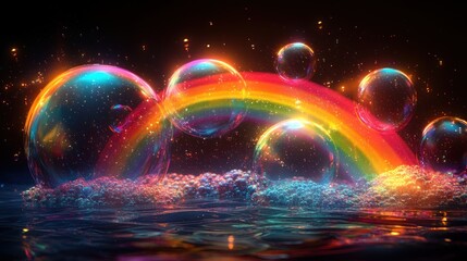 Aufkleber - Sparkling rainbow arch over colorful soap bubbles floating on water.