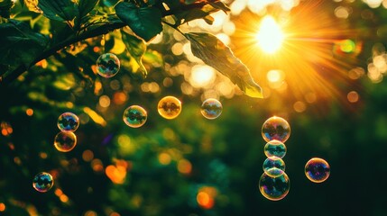Poster - Sparkling soap bubbles float in sunlit garden, leaves bokeh background.
