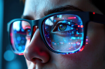 glasses with anti-glare lenses, reflection of the digital vision diagnostic interface in the lenses,
