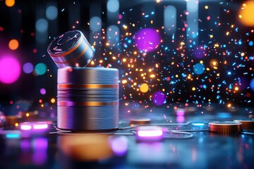 Fototapete - Colorful Metallic Cylinders With Confetti And Bokeh Lights