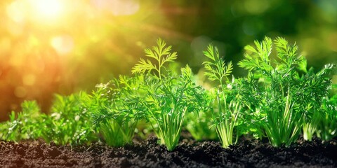 Poster - Rows of green carrot plants growing under the sun 